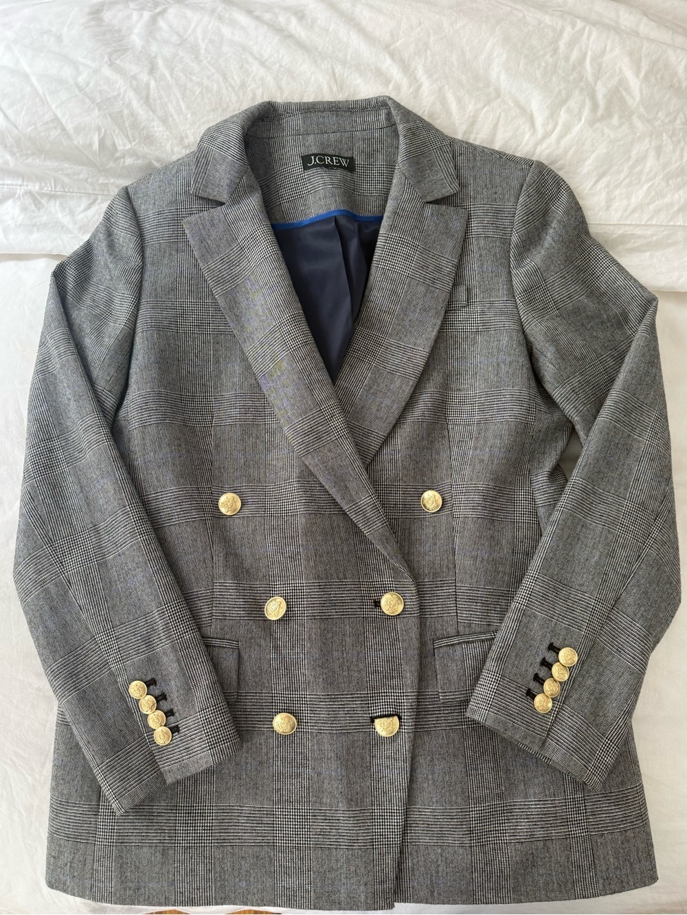 J. Crew Gray Glen Plaid Double-Breasted Blazer with Gold Buttons